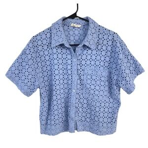 Romantic Eyelet Shirt L 100% Cotton Blue Button Up Coastal Cottagecore Resort